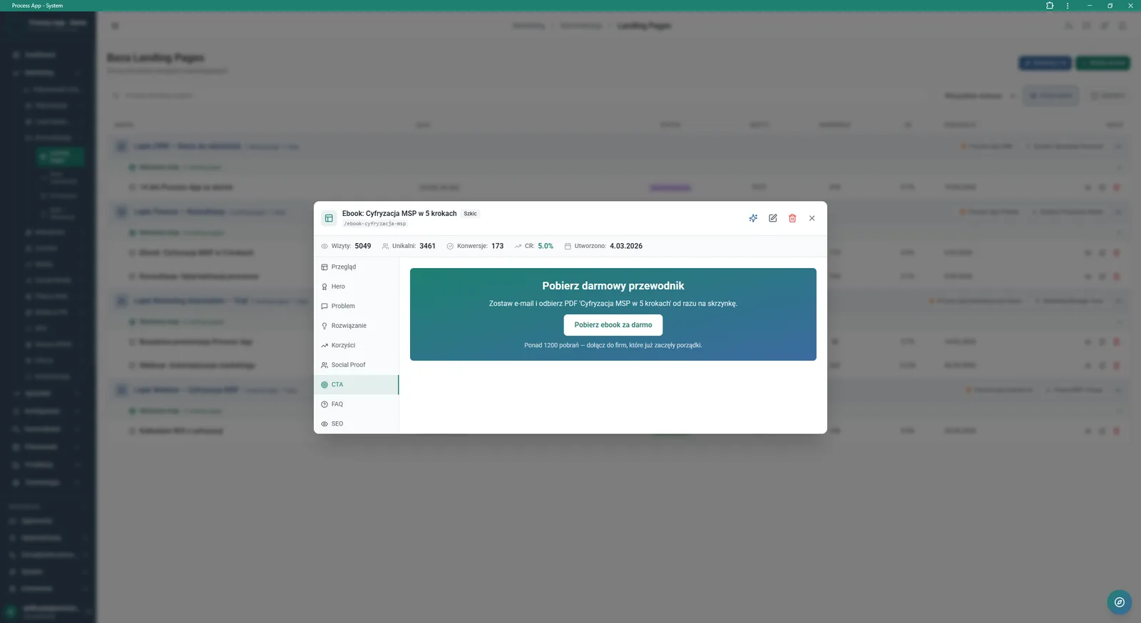 Detail view of a selected landing page with an edit menu for individual sections such as Hero, Problem or CTA.
