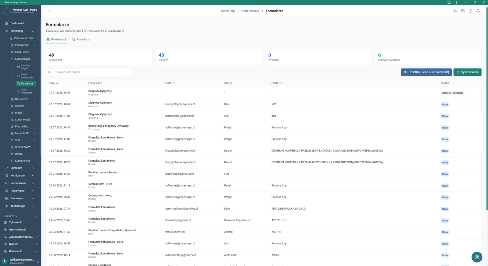 Message inbox for form submissions showing a list of enquiries with contact details, assigned form and status.