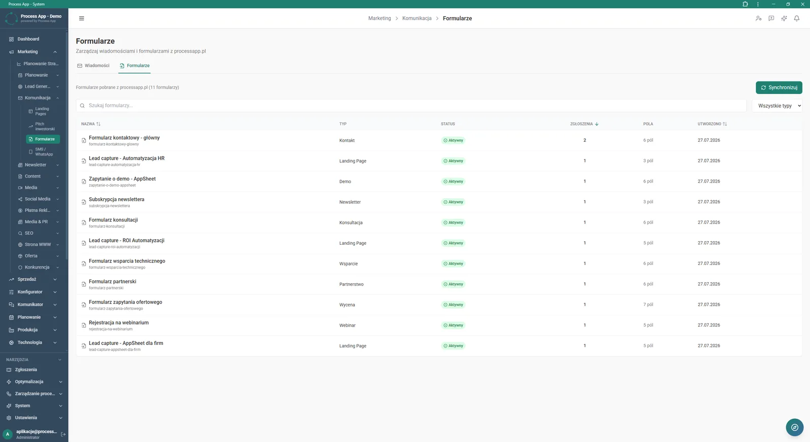 Registry of all forms in the system with information on their type, active status and number of configured fields.