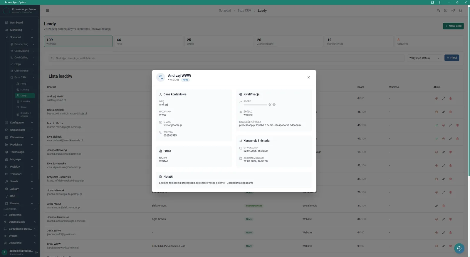 Lead detail card showing contact data, company information, source details and conversion history.