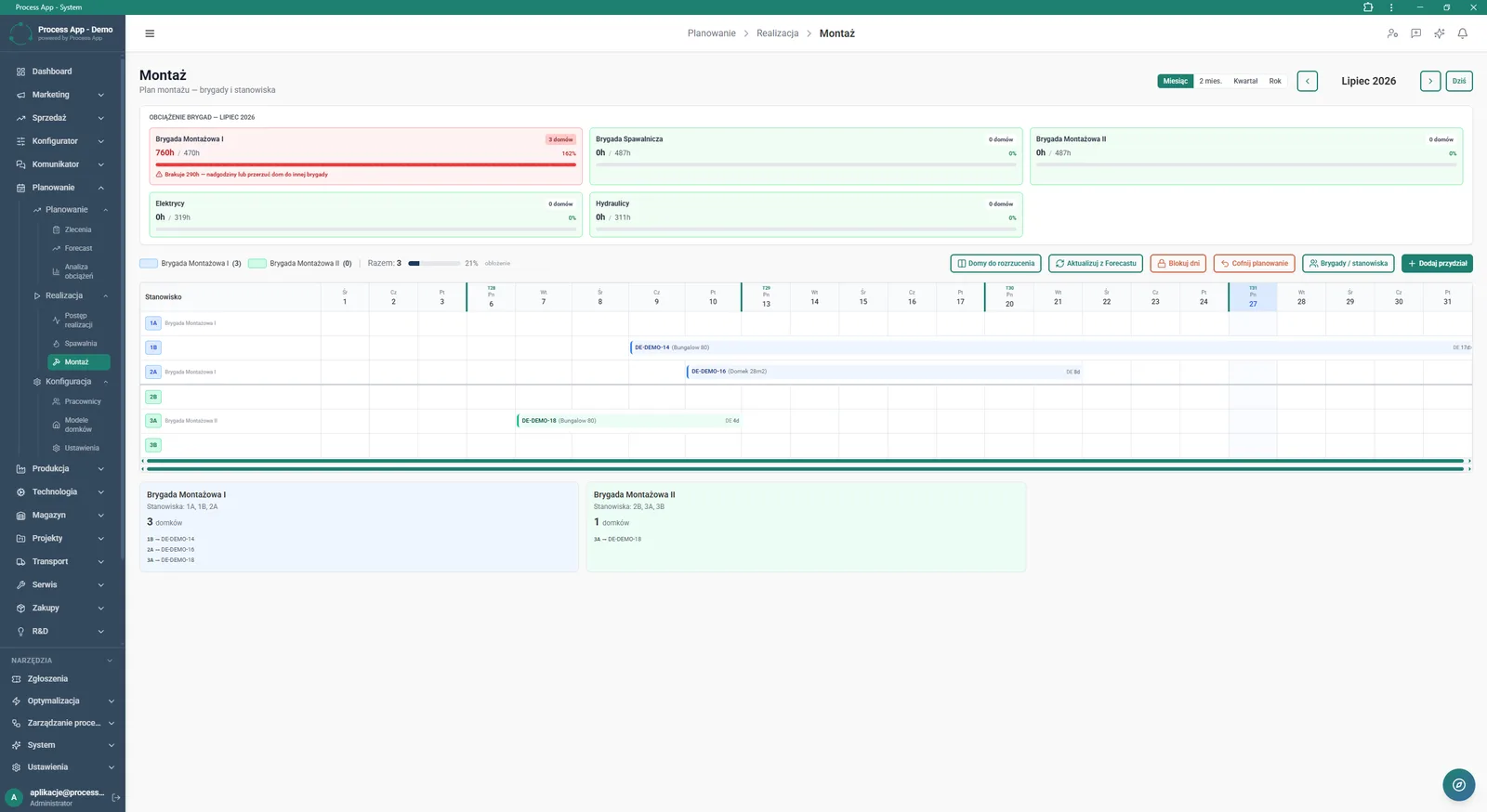 The Assembly screen in the Planning module shows the monthly schedule of assembly crews, with crew workload tiles and a Gantt chart assigning orders to workstations.