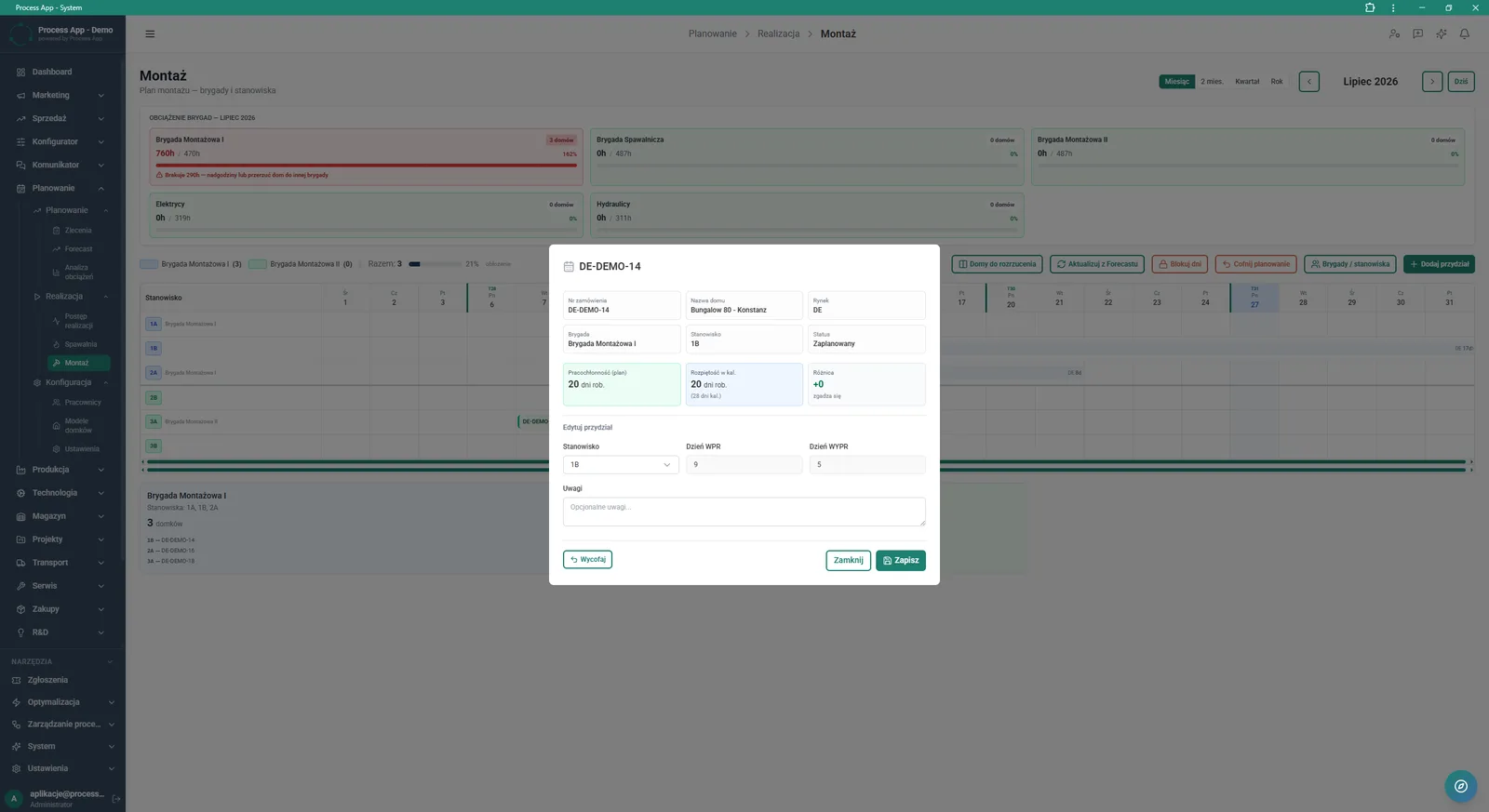 The screen shows an open modal window with details of order DE-DEMO-14 in the Assembly view, including order data, workload information, and a form for editing the workstation assignment.