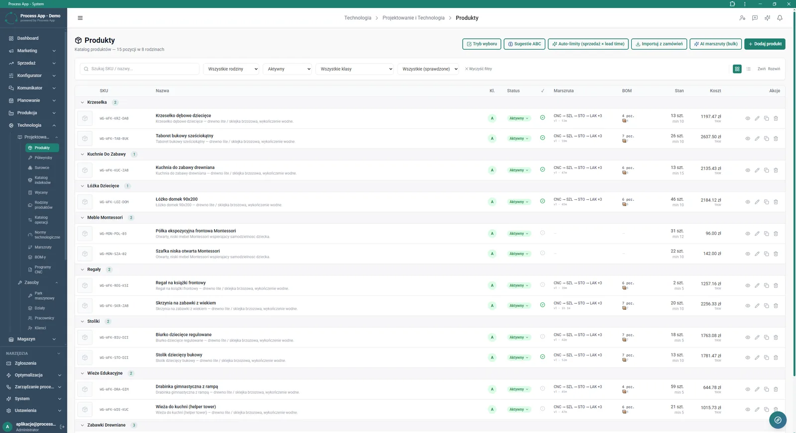 The Products screen displays a categorised product list with information about routing, BOM structure, stock levels and calculated cost.