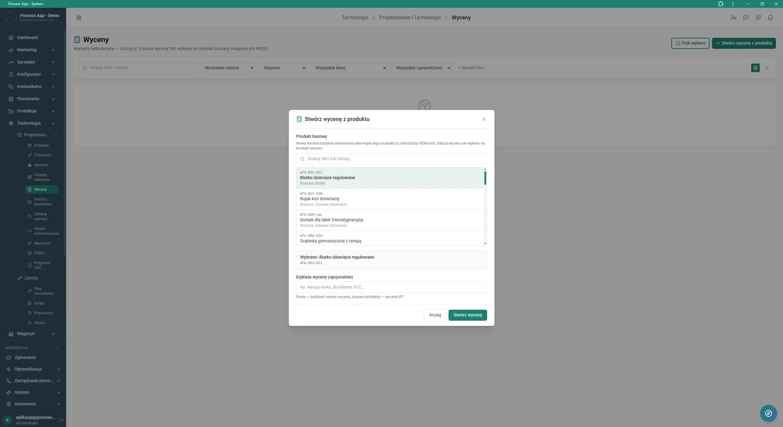 The Costings screen with the “Create costing from product” modal window open, allowing users to select a base product and assign a label to the costing.