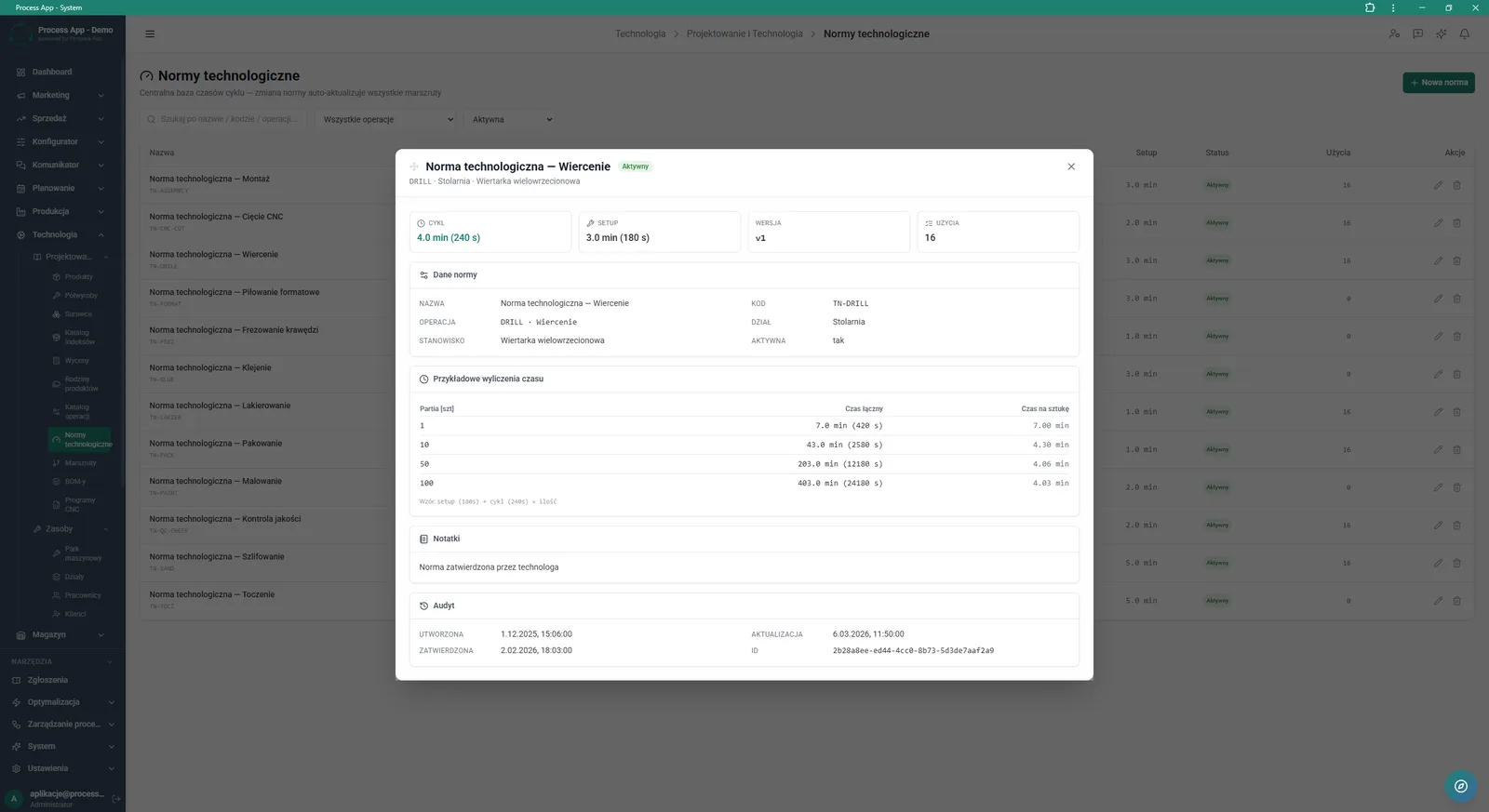 The Technological standards screen with the details window of a selected standard open, showing cycle and changeover times, master data, example time calculations for different batch sizes and audit information.
