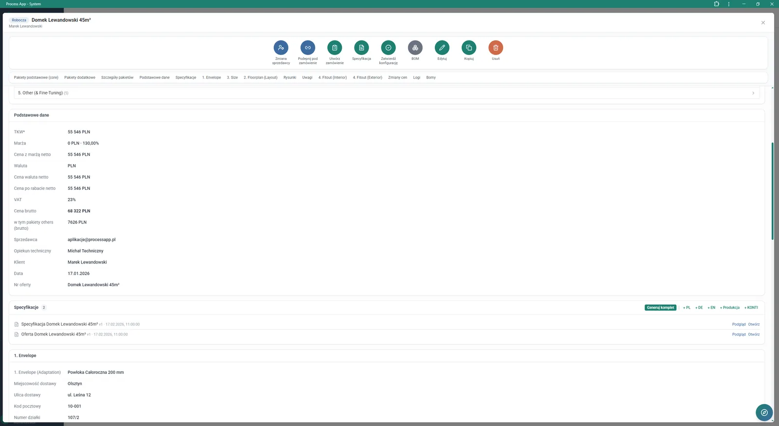 Working configuration details screen for the product Domek Lewandowski 45m², showing a summary of financial data, a list of generated documents and delivery parameters.