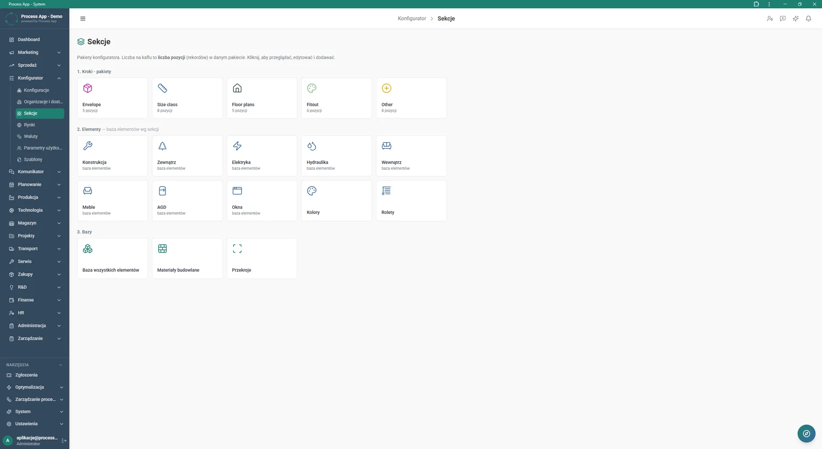 Sections screen in the Configurator module showing tiles grouped into step, element and base categories, used for managing configurator packages and items.