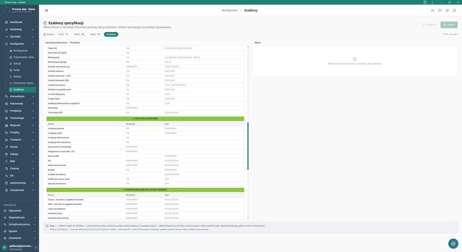 Specification Templates screen in the Configurator module showing a dual-panel view with a production document simulation on the left and an edit-ready panel for the selected element on the right.