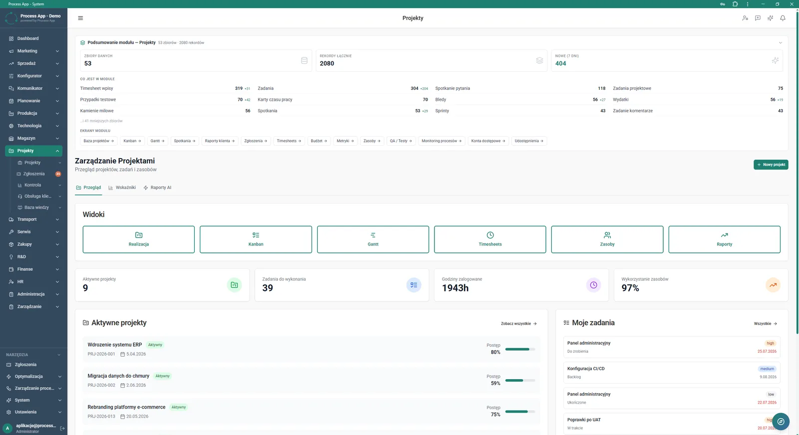 Main screen of the Projects module showing data summaries, available views, key metrics, and lists of active projects and assigned tasks.