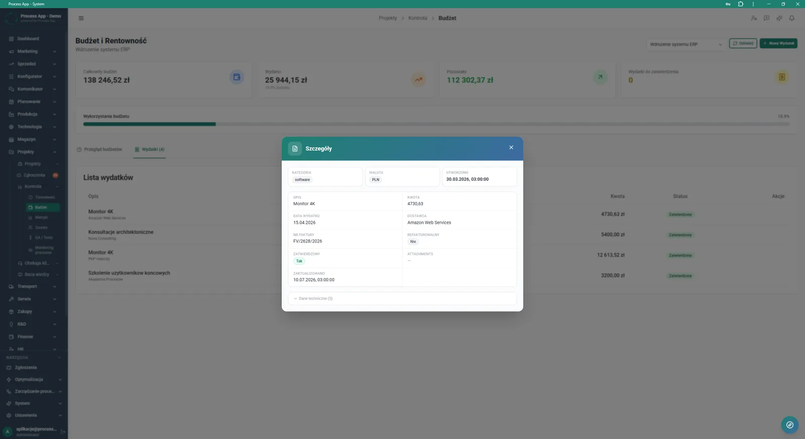 Budget and Profitability screen with the Details modal window open, showing precise information on the selected project expense.