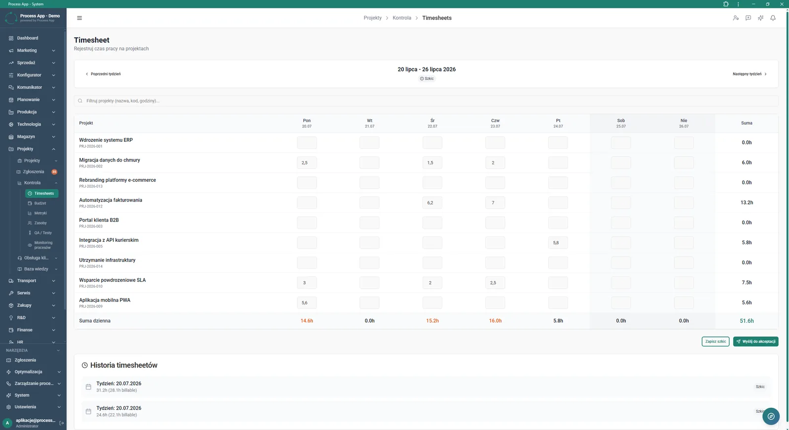 Timesheet screen in the Projects module showing a weekly view for recording working time by project and day of the week, plus an entry history.