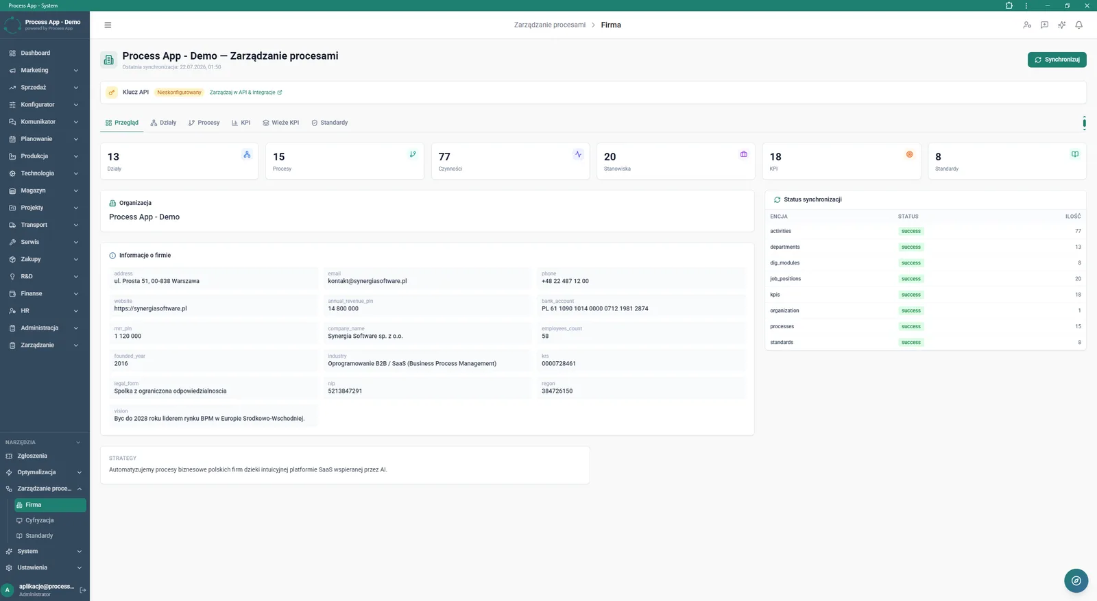 Company data overview screen in the Process management module, showing numerical statistics, detailed organisation information and a table with entity synchronisation status.