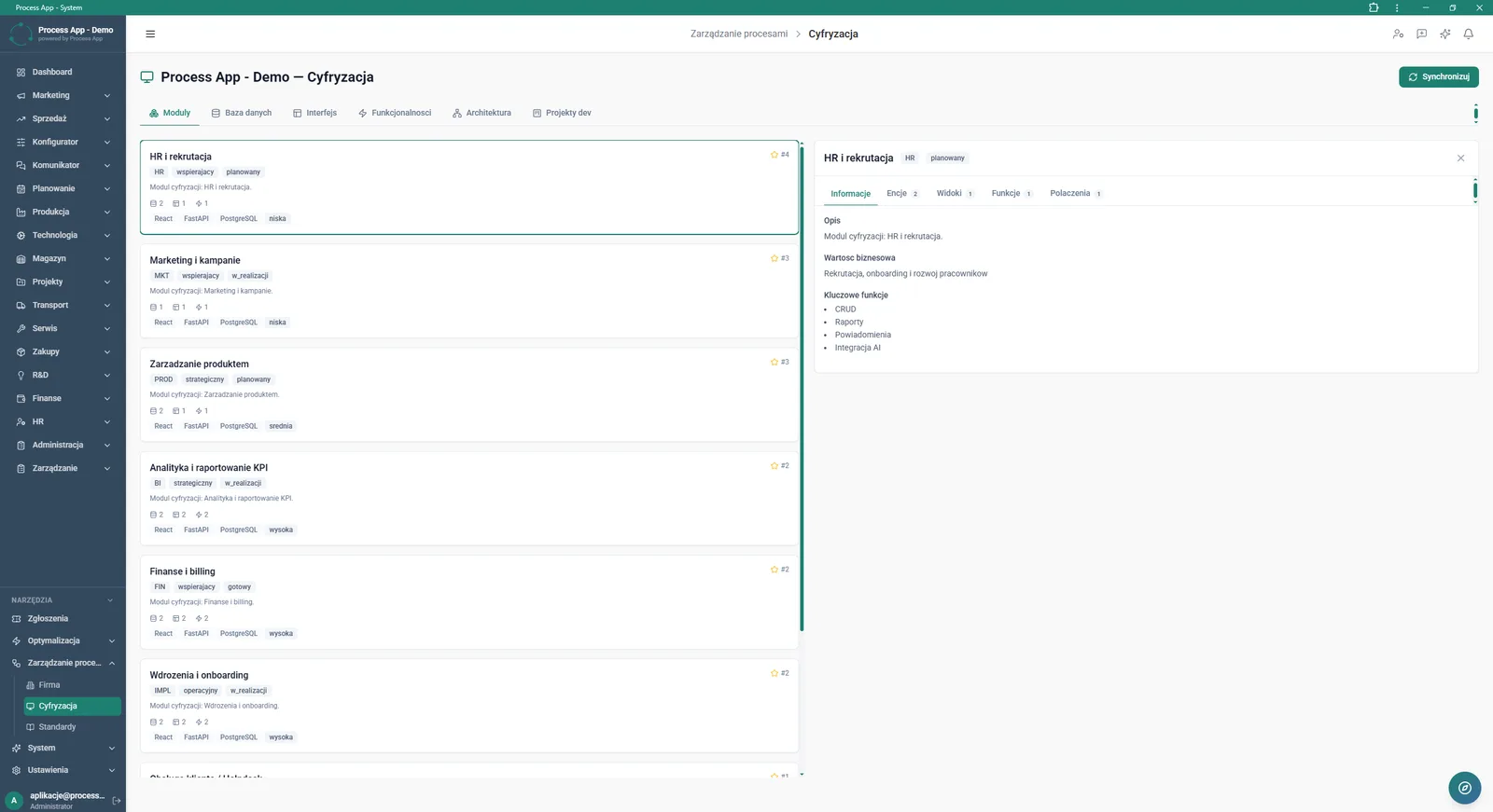 Process management screen in Digitisation view with the Modules tab active, showing a list of system modules on the left and detailed information about the selected module on the right.