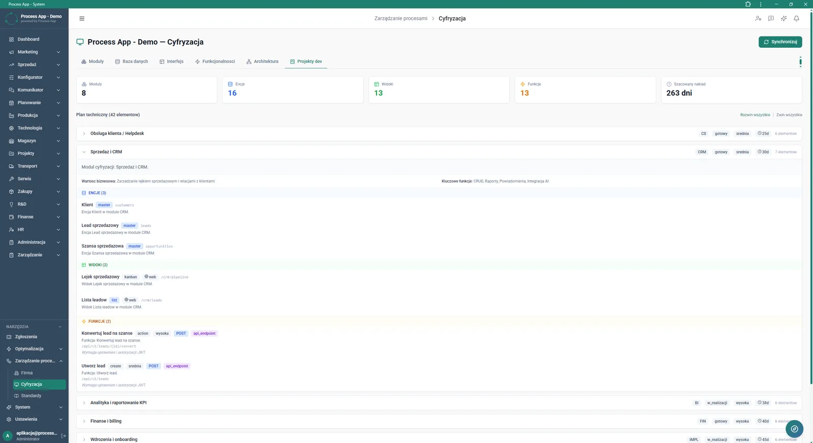 Process management screen in Digitisation view with the Dev projects tab active, showing the technical plan broken down into modules, entities, views and functions, along with a summary of the estimated workload.