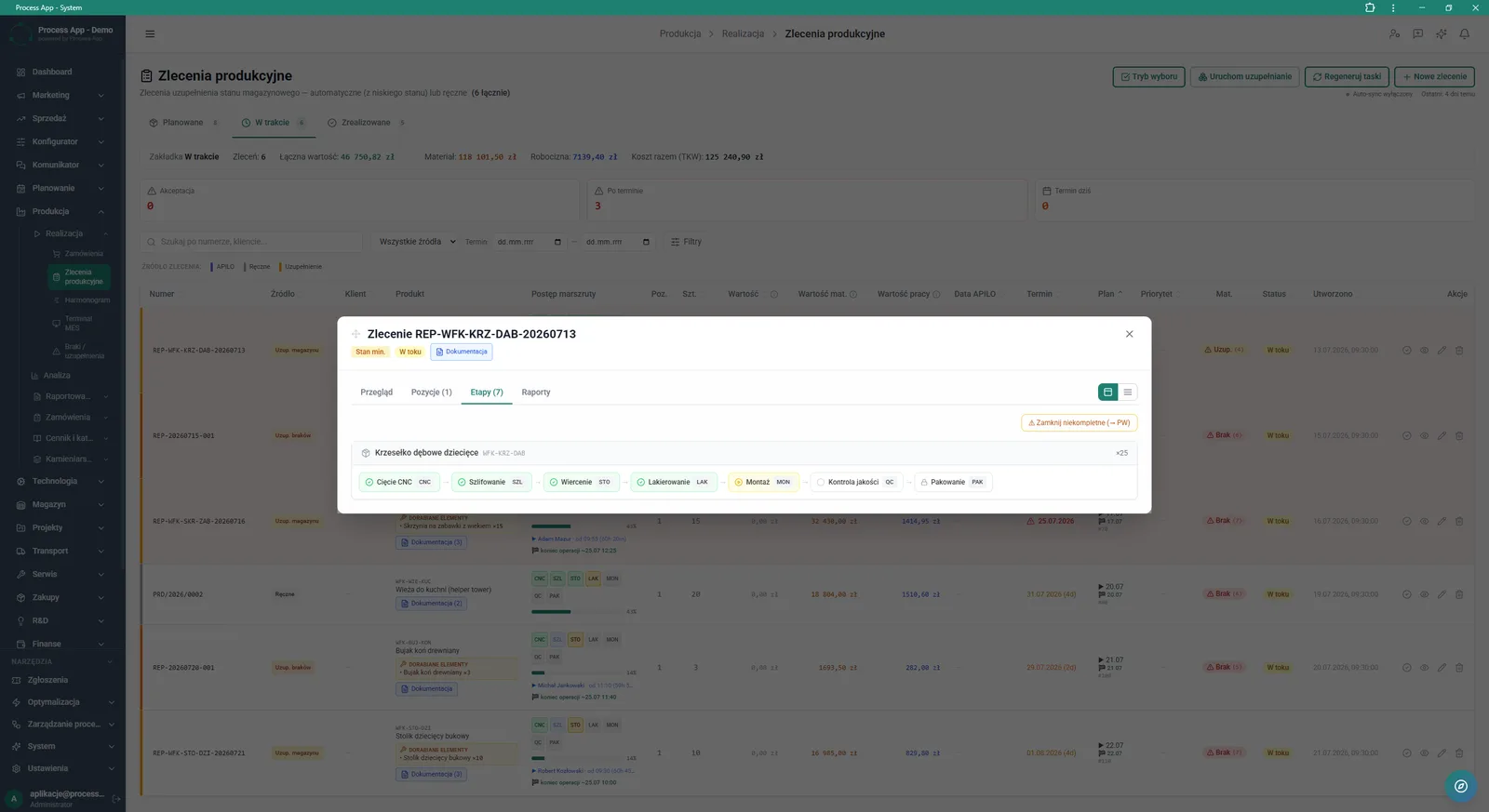 The screen shows a modal window with production order details opened on the Stages tab, presenting individual technological operations for the selected product.