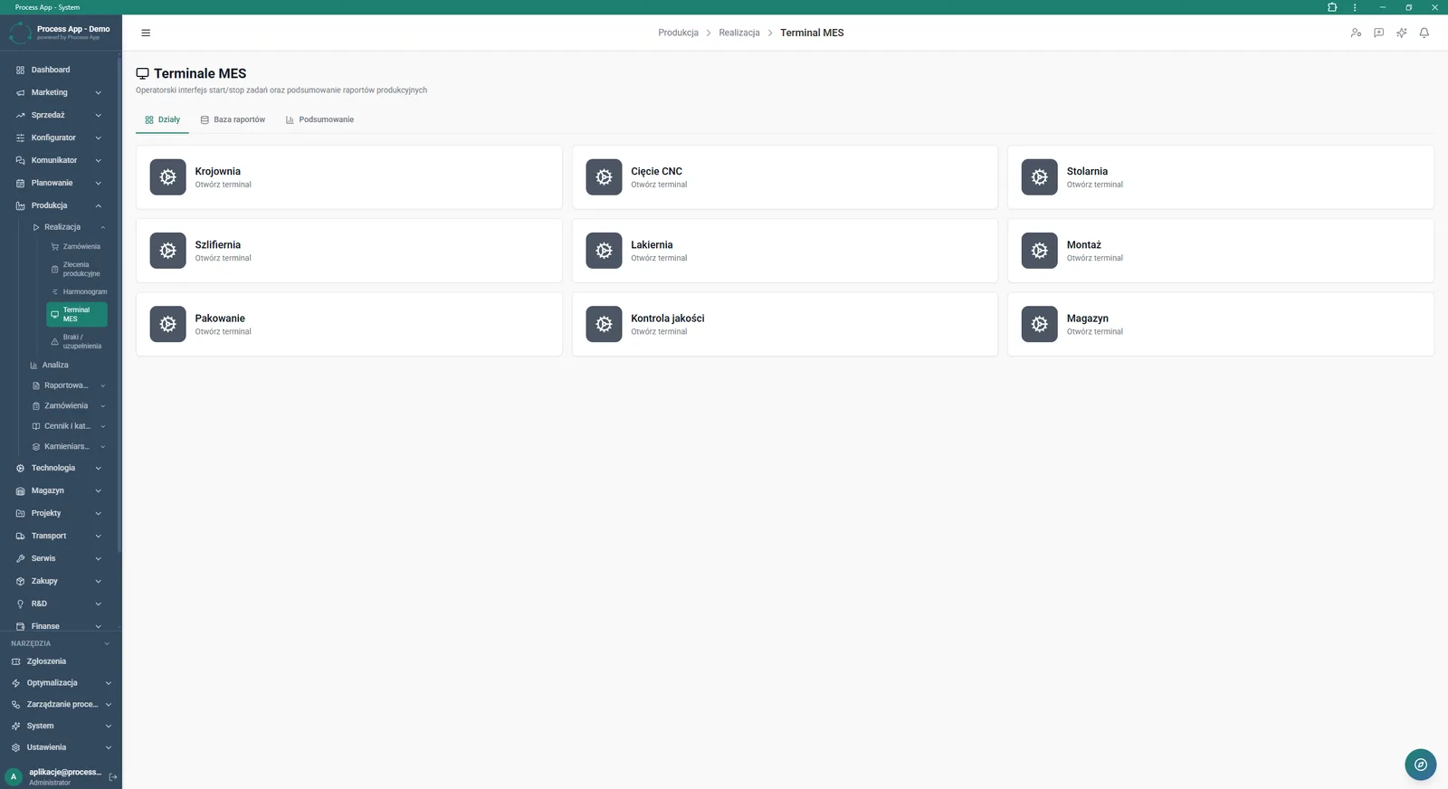 The MES Terminals screen shows the Departments tab with tiles representing specific production areas from which the operator interface can be launched.