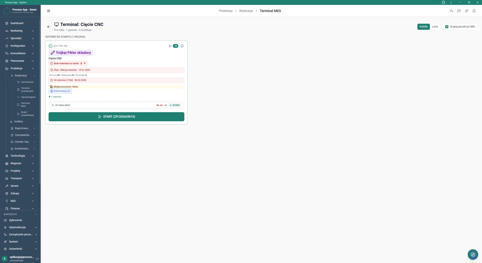 The screen shows the MES terminal interface for the CNC Cutting operation, displaying as a tile a job ready to start with order details, alerts and a start work button.