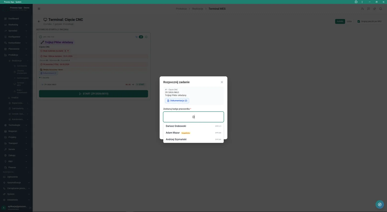 The screen shows the Start task modal window in the MES terminal, containing operation details and a field to scan or search for the operator ID with an expanded suggestions list.