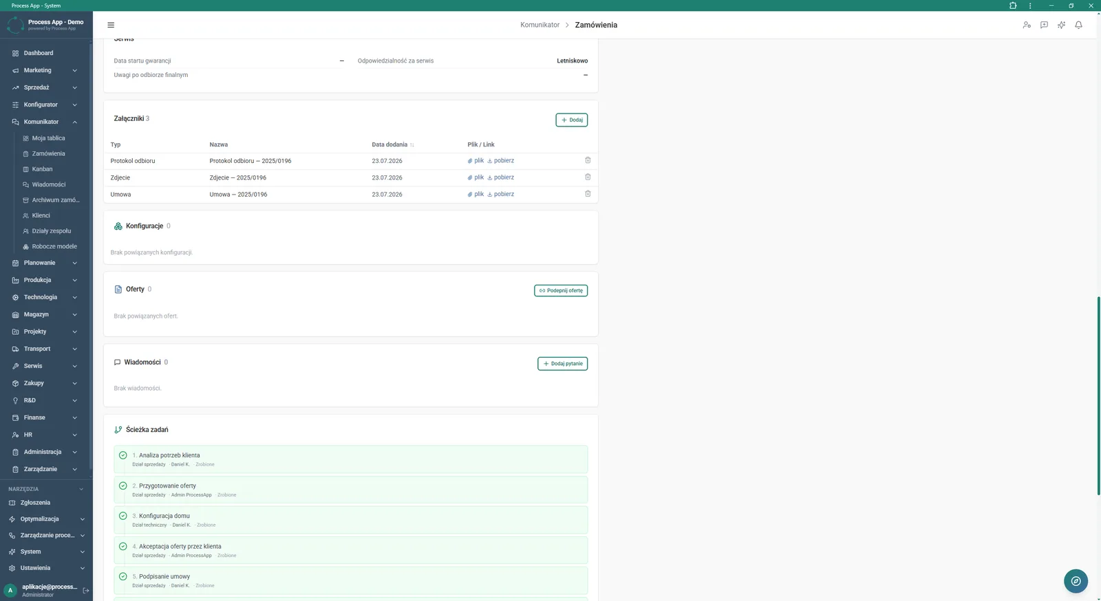 Details screen of a selected order in the Communicator module, showing sections with attachments, related configurations and quotations, messages and the task path.