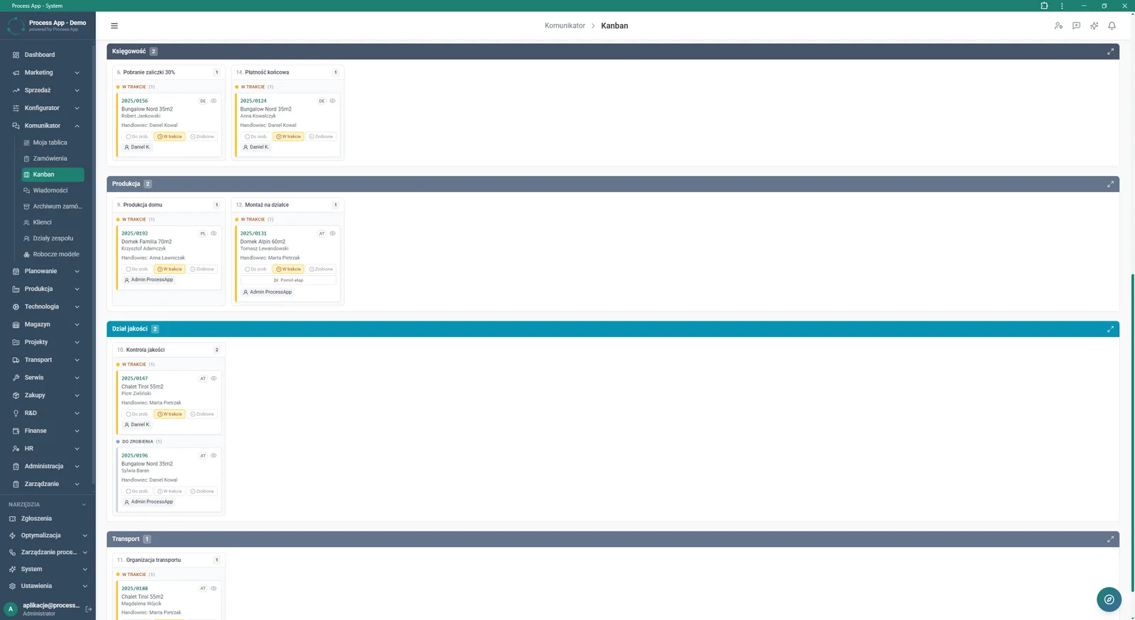 Communicator module screen in Kanban view, showing a board with tasks grouped horizontally by company departments.