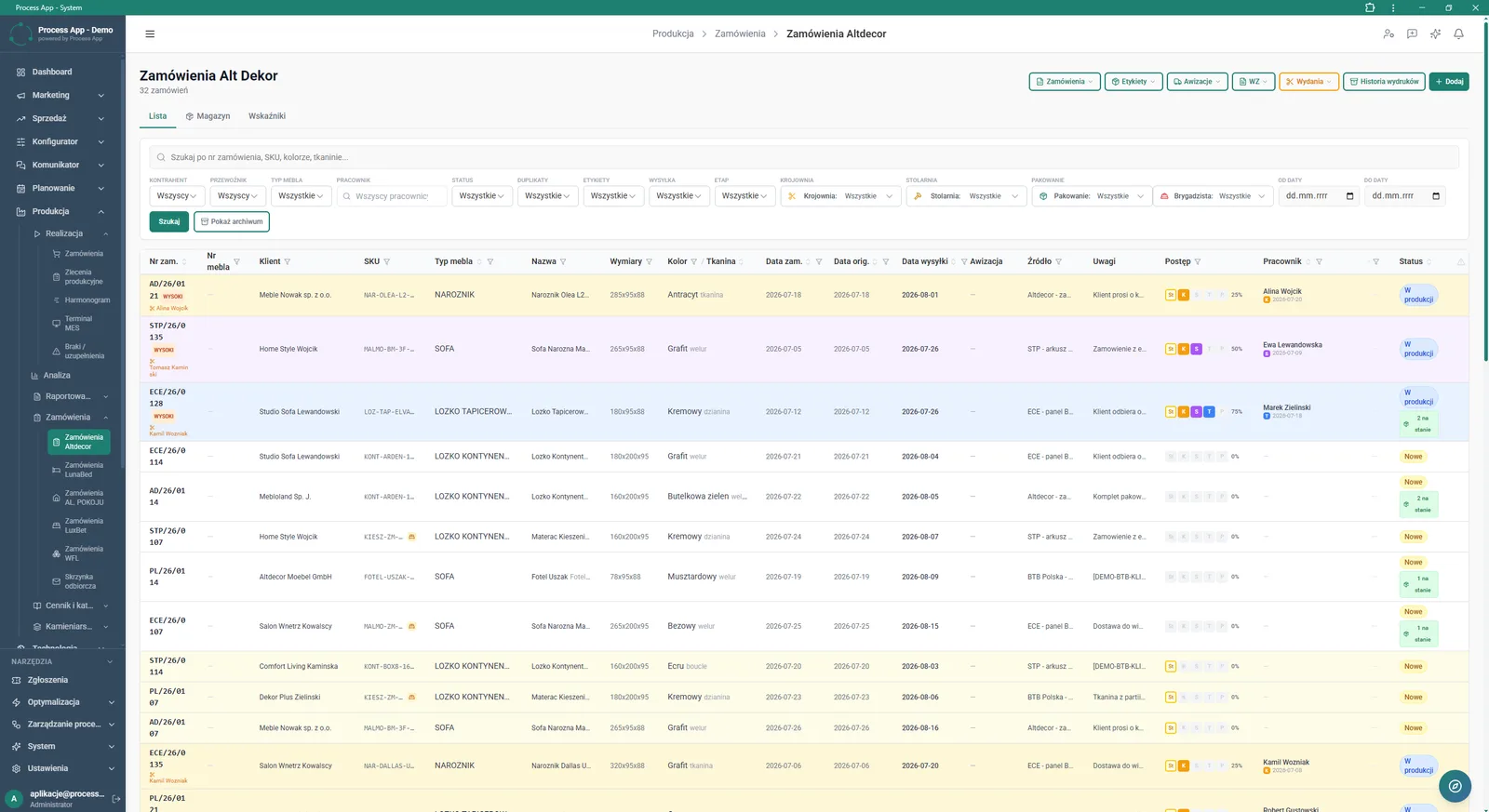 Production module screen in Alt Dekor Orders view, showing a list of orders with advanced filtering options and a table with execution details and progress.