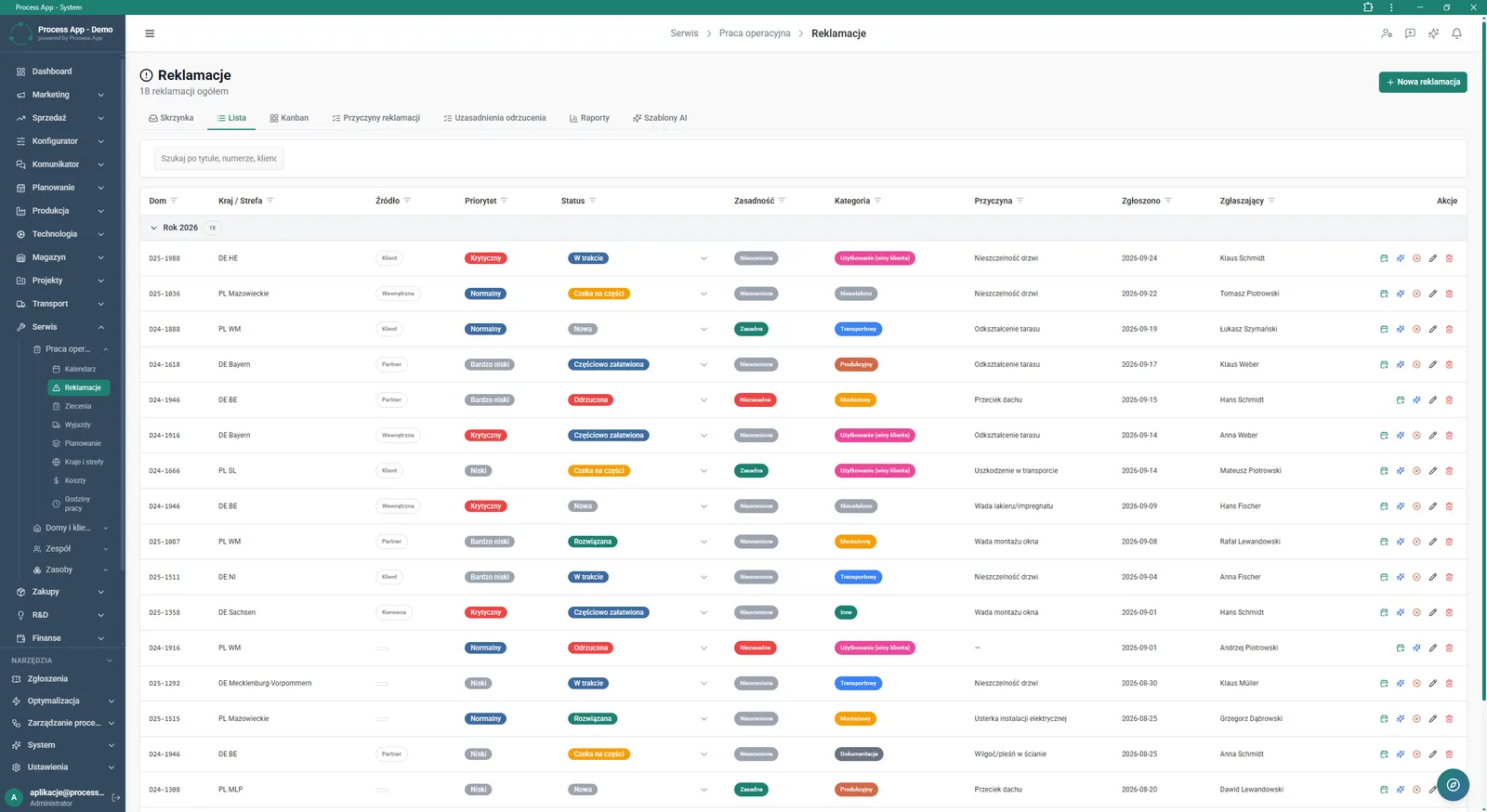 Complaints list screen in the Service module, showing a table of cases with detailed attributes such as priority, status, validity and category.