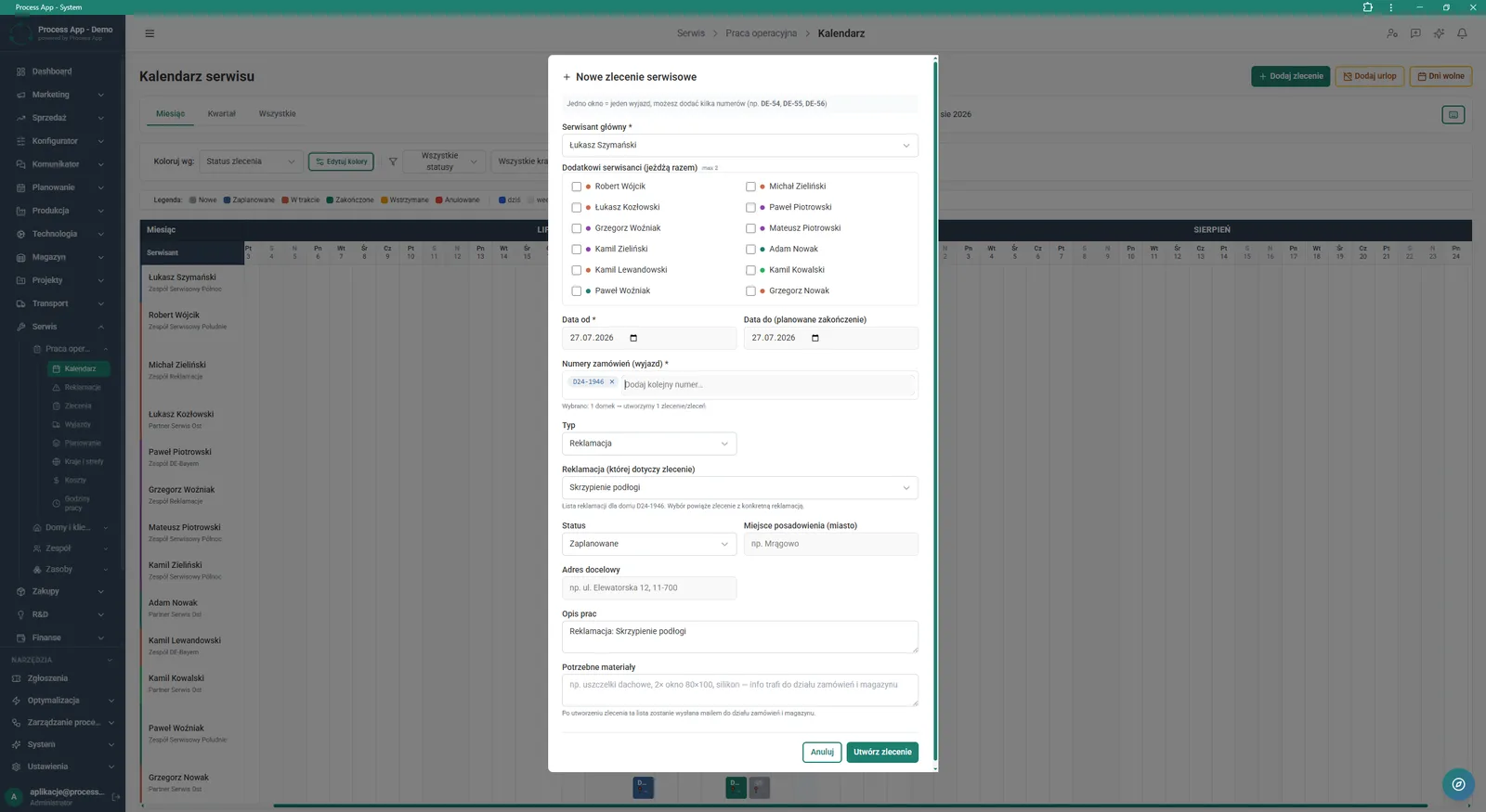 Service calendar screen with an open modal window for adding a new service job, containing a form for assigning technicians, dates, order numbers and job details.