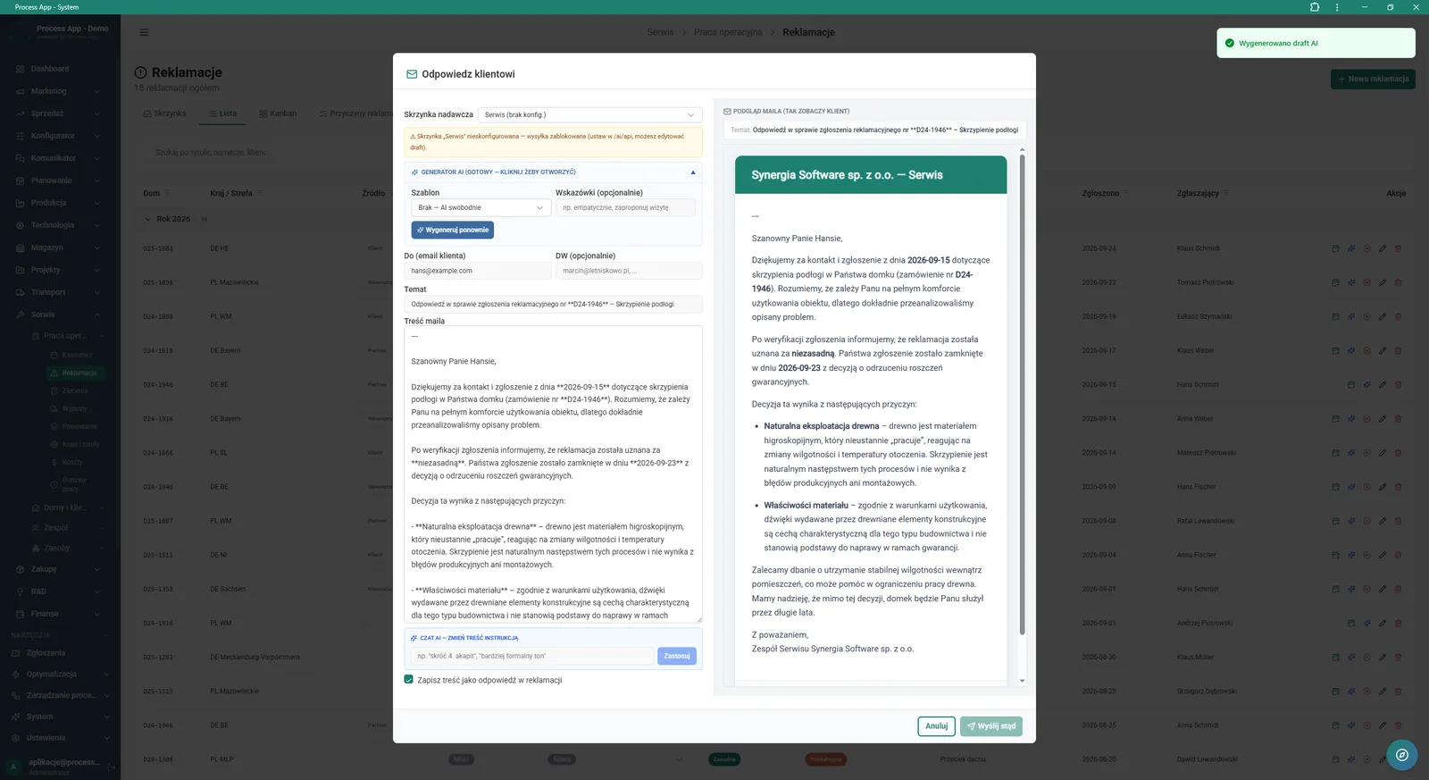 Complaints list screen with an open “Reply to customer” modal window, showing an email creation form using the AI generator and a preview of the ready message.