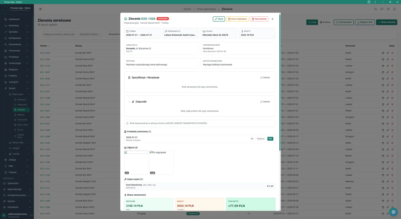 Service jobs list screen with an open job details modal window, showing data on dates, technicians, costs, reports, photos and profitability balance.