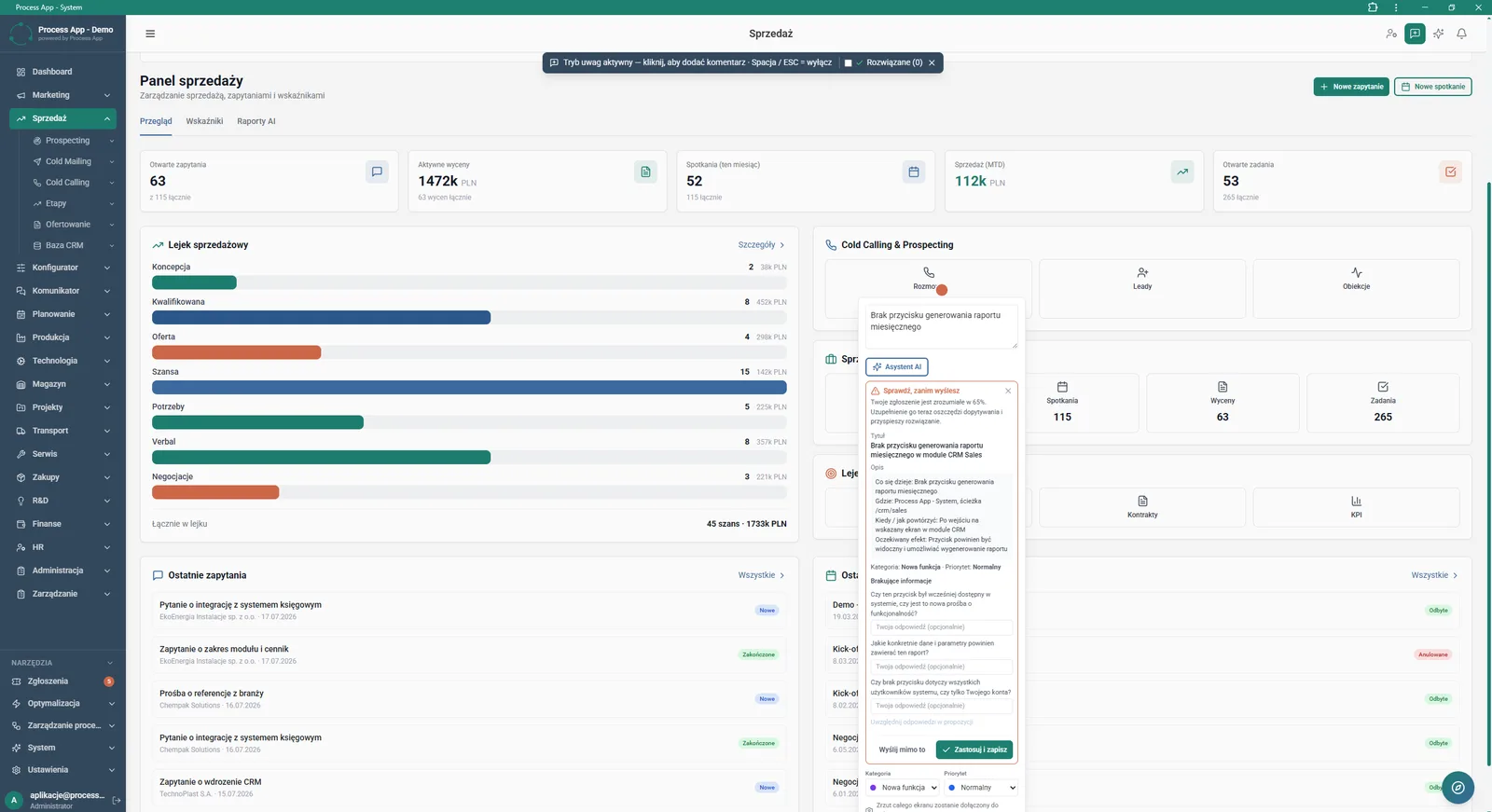 Sales Panel screen with comments mode active and the AI Assistant window open, analyzing the ticket content before sending and asking to fill in missing information.