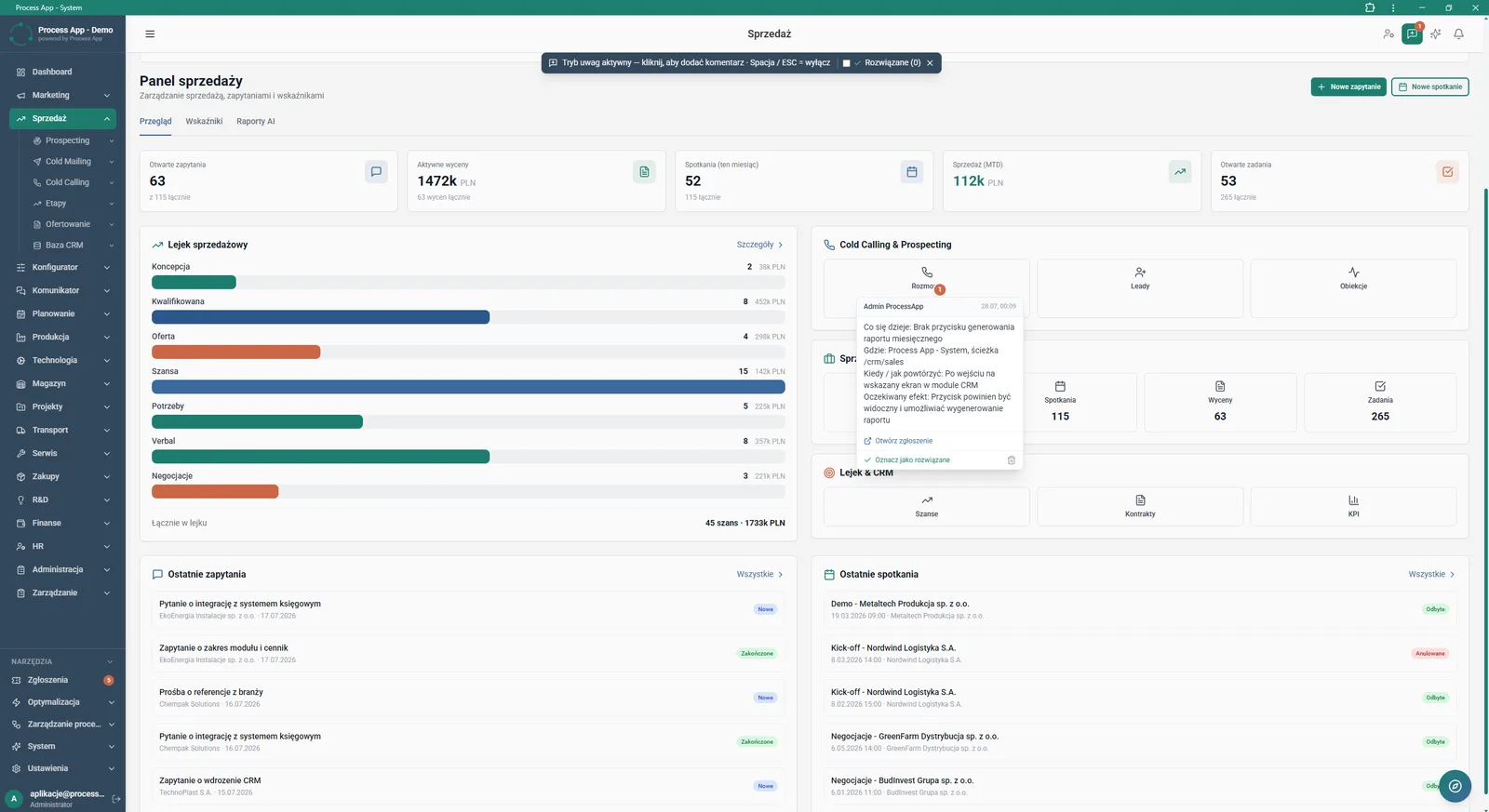 Sales Panel screen with comments mode active, showing the ticket detail window pinned directly to a specific interface element.