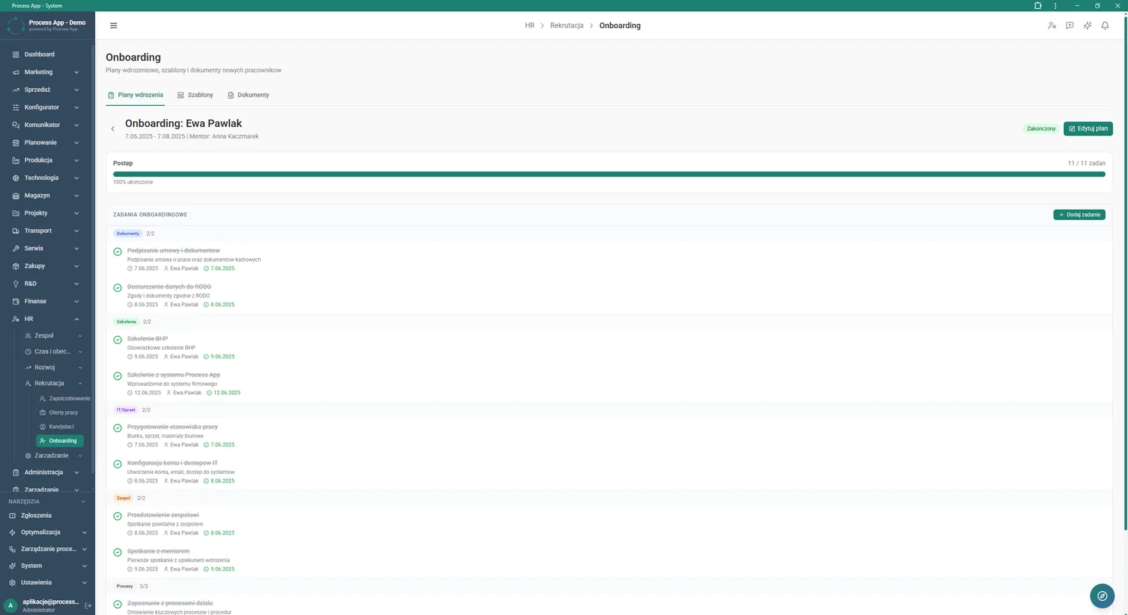 The screen shows details of a completed onboarding plan for a specific employee, including a progress bar and a grouped list of completed onboarding tasks.