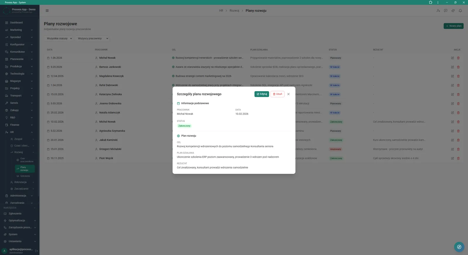 The Development Plans screen shows a table of individual employee plans and an open window with details of the completed development plan for the selected person.