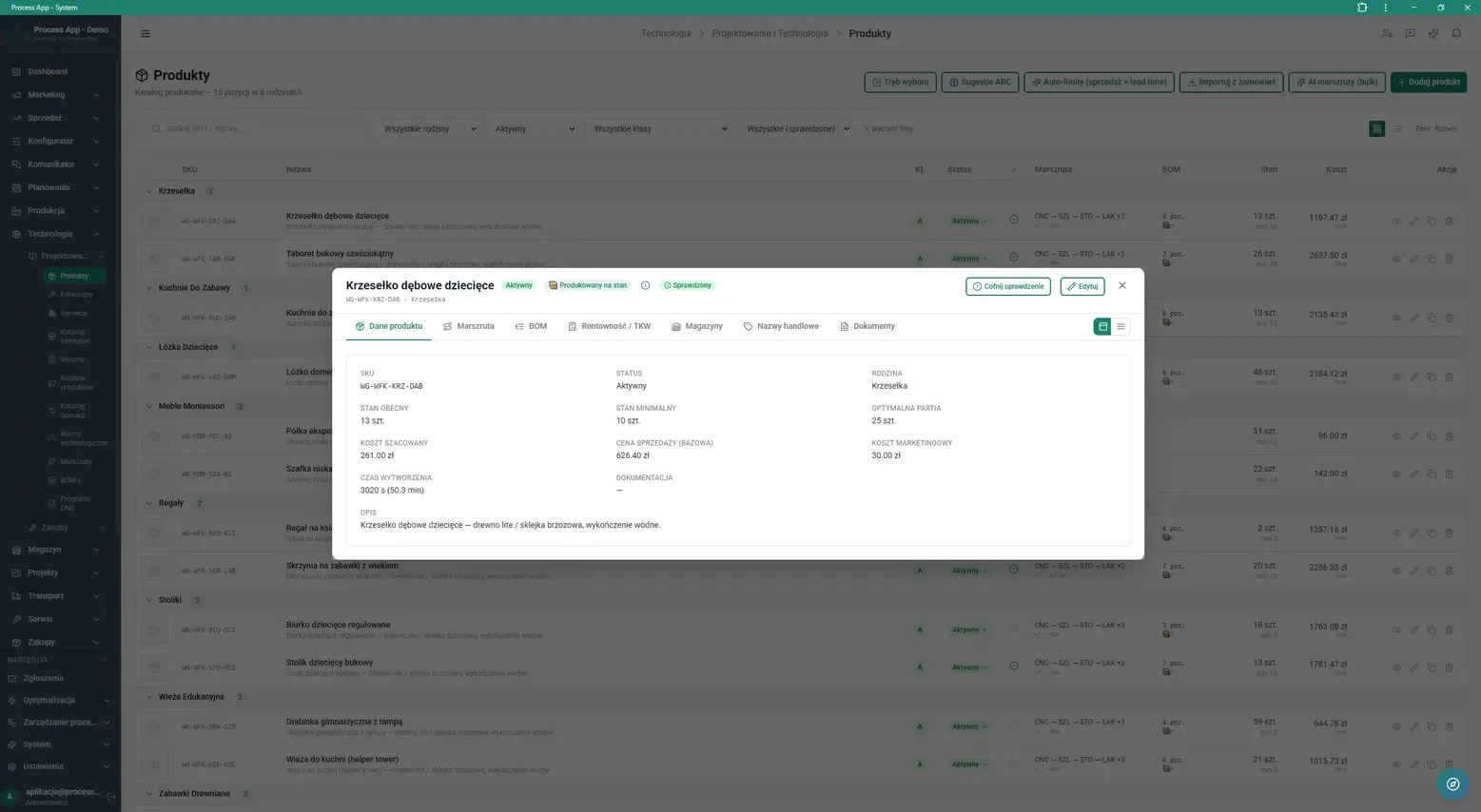 Detail view of a selected product in a modal window, showing the active tab with basic master data, costing, and stock parameters.