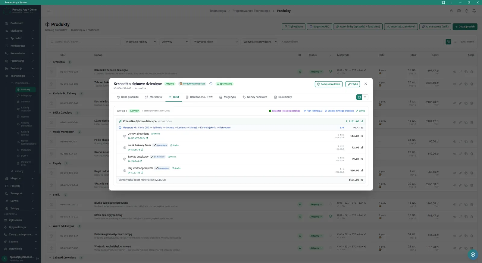Product detail view in a modal window with the BOM tab open, showing the product’s material structure tree with component costs and the assigned routing.