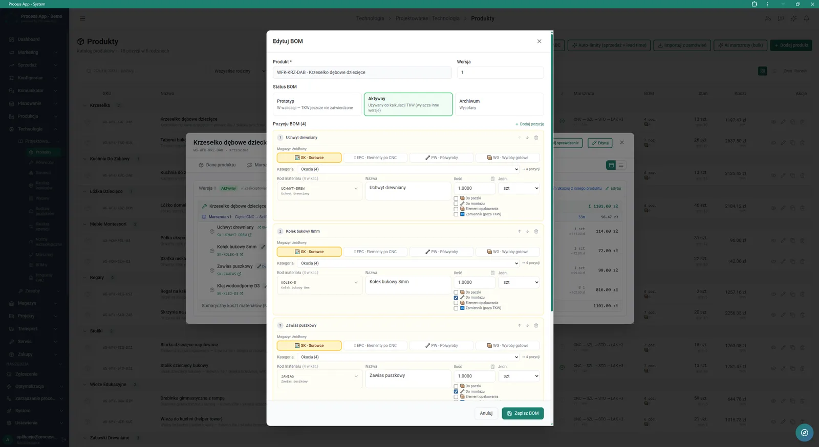 Modal window for editing the material structure (BOM) of a selected product, showing a form for changing the version status and a detailed list of components with their parameters.