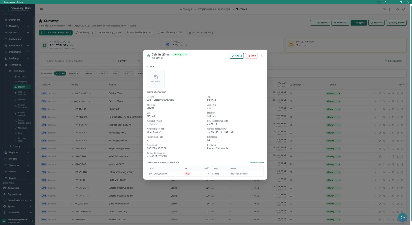 Modal window with details of a selected raw material, displayed over the raw materials list, showing basic data, inventory and costing parameters, and a movement history table.