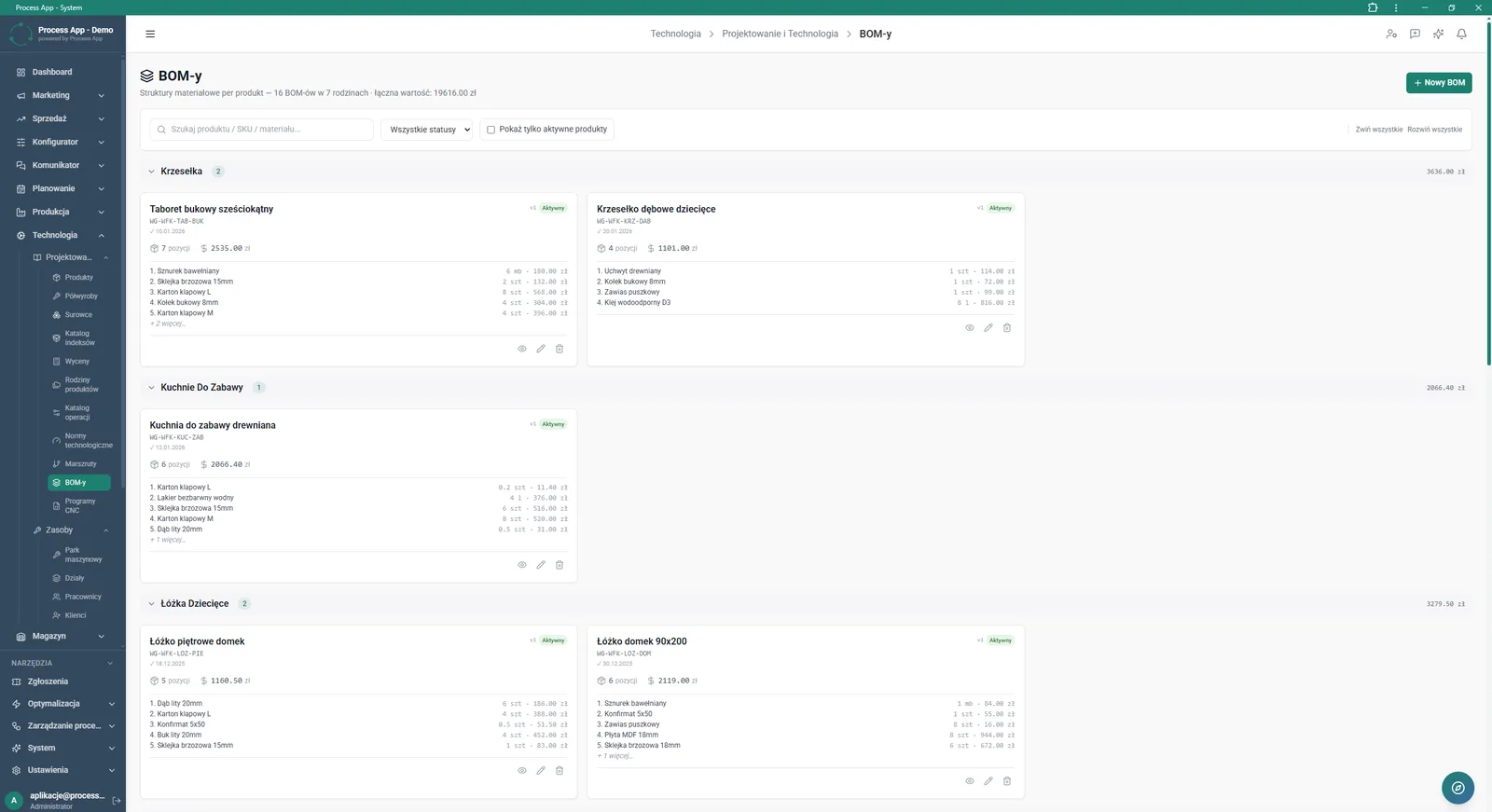 List screen of material structures (BOMs) grouped by product families, showing tiles with cost summaries and a list of main components for each product.