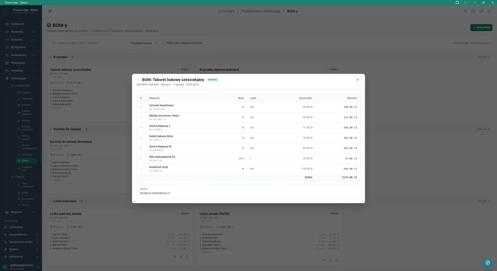 Modal window showing a detailed component list of the material structure (BOM) of the selected product, displayed over the grouped BOM list.