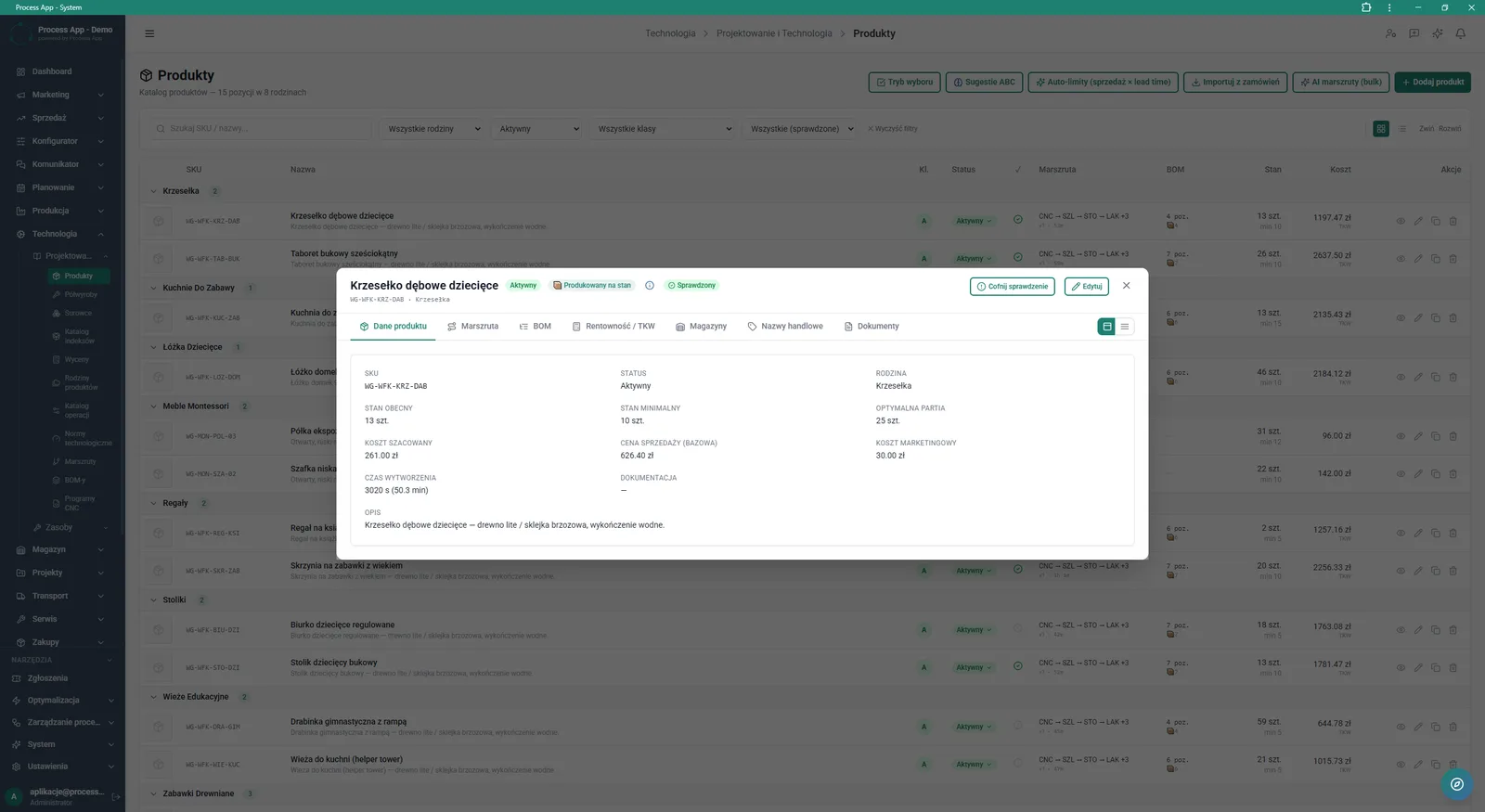 Products screen with the details window of a selected product open on the Product data tab, showing basic parameters, stock levels and costs.