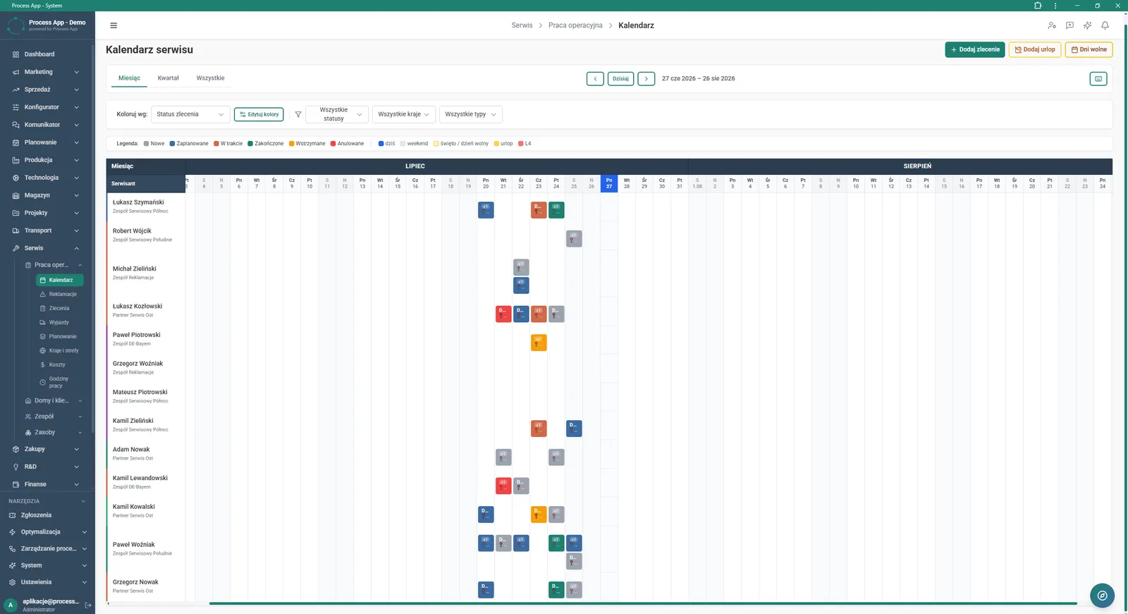 The screen shows the service calendar in the form of a Gantt chart displaying the schedule of orders assigned to individual technicians on a timeline.
