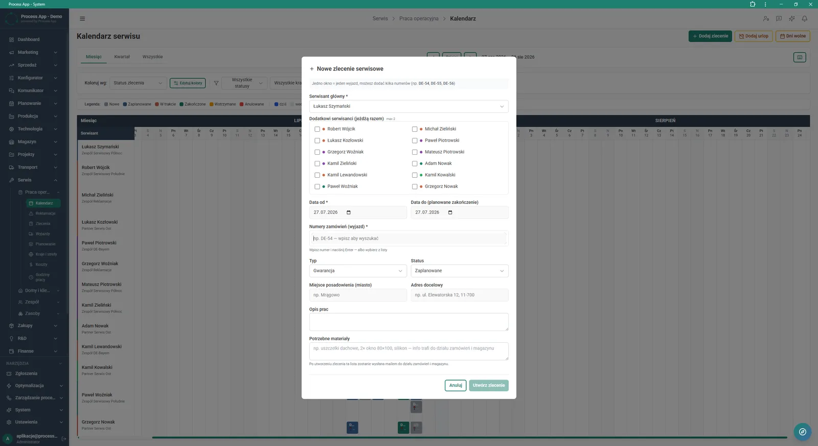 The screen shows the form for adding a new service order opened in a modal window on top of the service calendar.