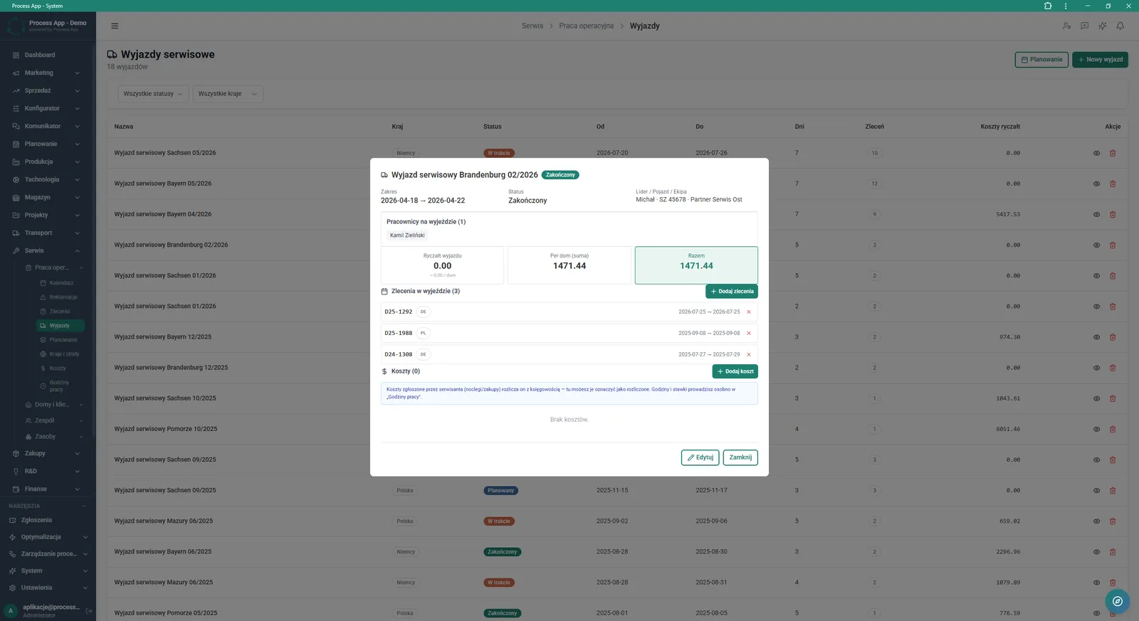 The screen shows a modal window with details of a service trip, including the assigned team, related orders, costs and a financial summary.