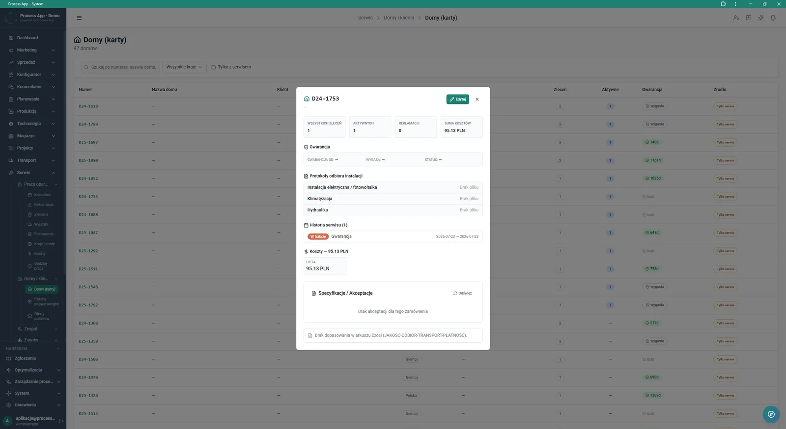 The screen shows a modal window with details of a specific house record, displaying an order summary, warranty status, acceptance reports, service history and costs, against the background of a tabular list of all houses.