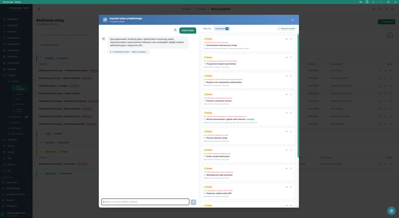 Project base screen with the Project plan assistant window open, showing a chat with the assistant and a list of proposed changes to task names and numbering.