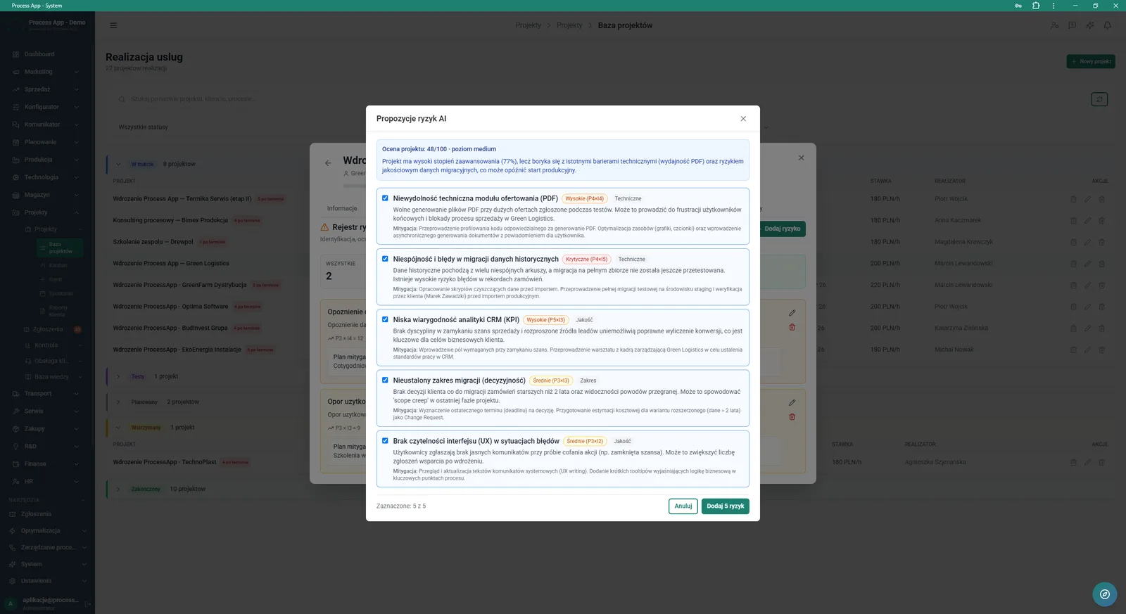 Project base screen with the AI Risk proposals modal window open, showing a generated list of potential project risks with their assessment and mitigation plan.
