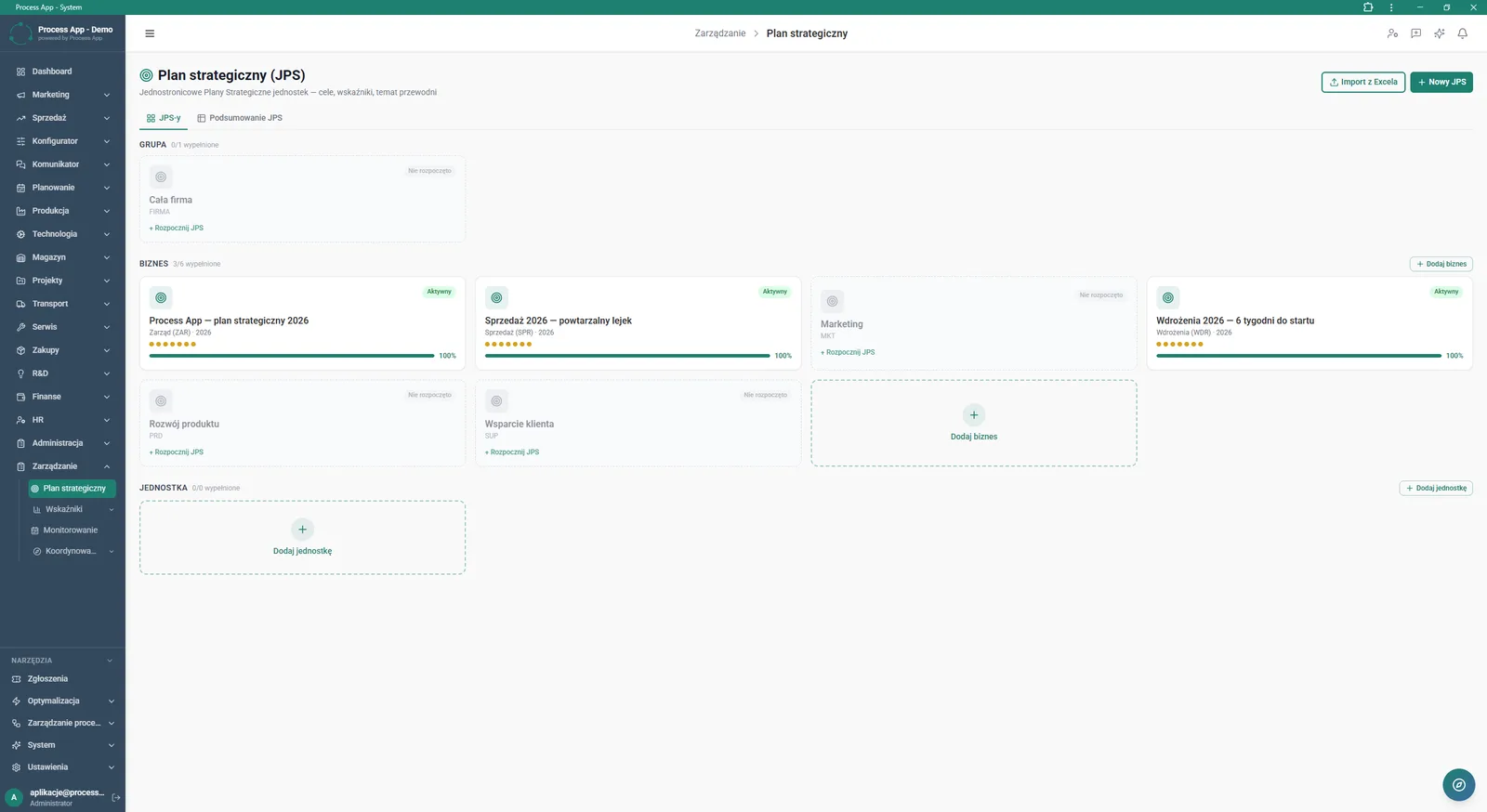 The Strategic plan (JPS) screen shows a tile view of one-page strategic plans broken down by organisational levels, including their statuses and progress bars.