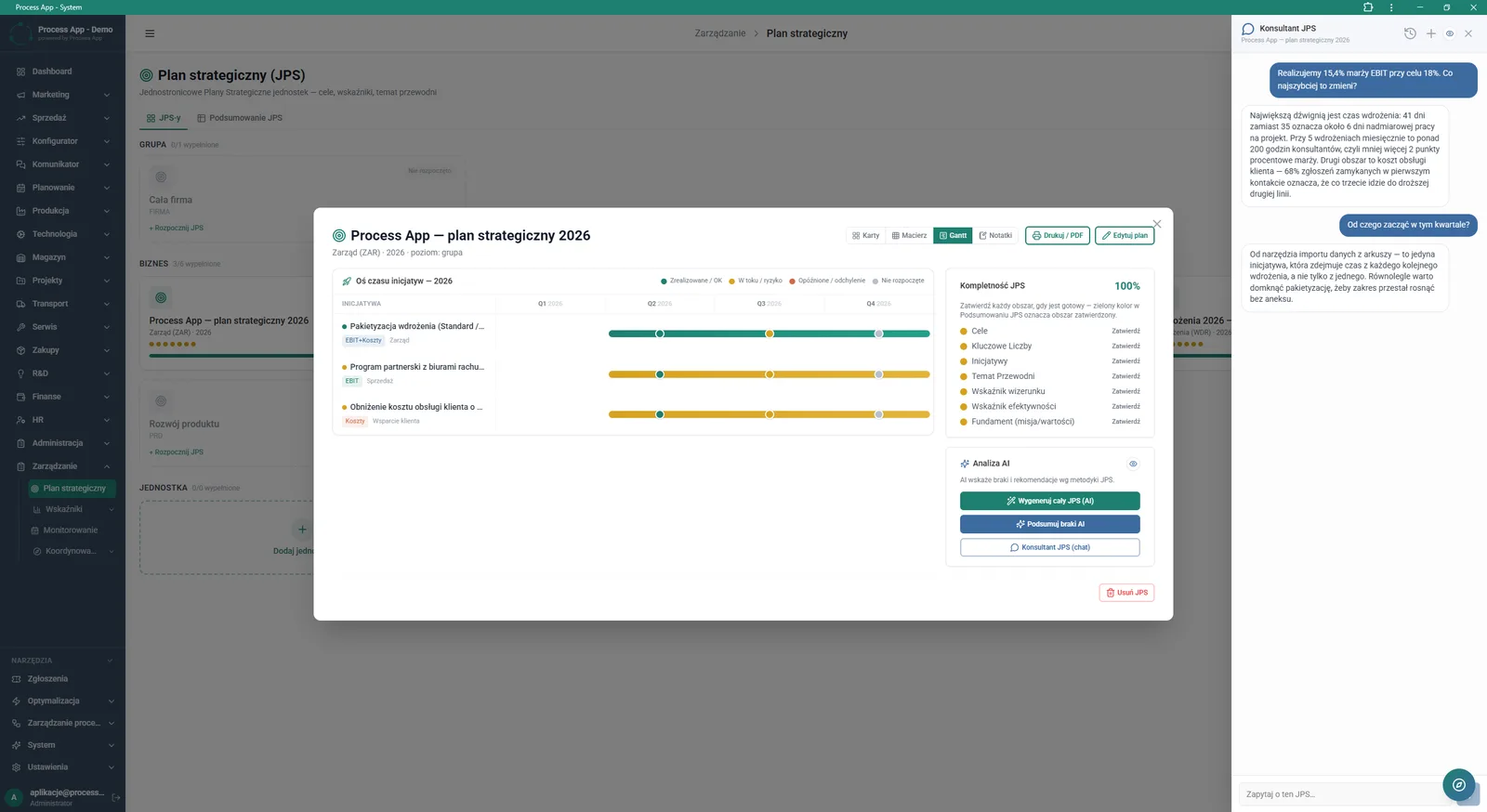 Detail view of the One-page Strategic Plan on the Gantt tab with an open side chat panel with the AI assistant (JPS Consultant).