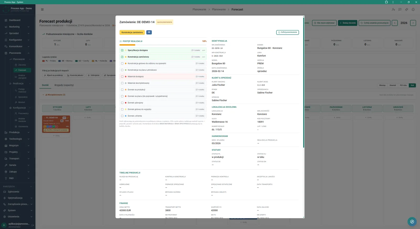 The production Forecast screen with an open details window for a specific order, showing progress as a checklist and grouped identification, sales, logistics and financial data.