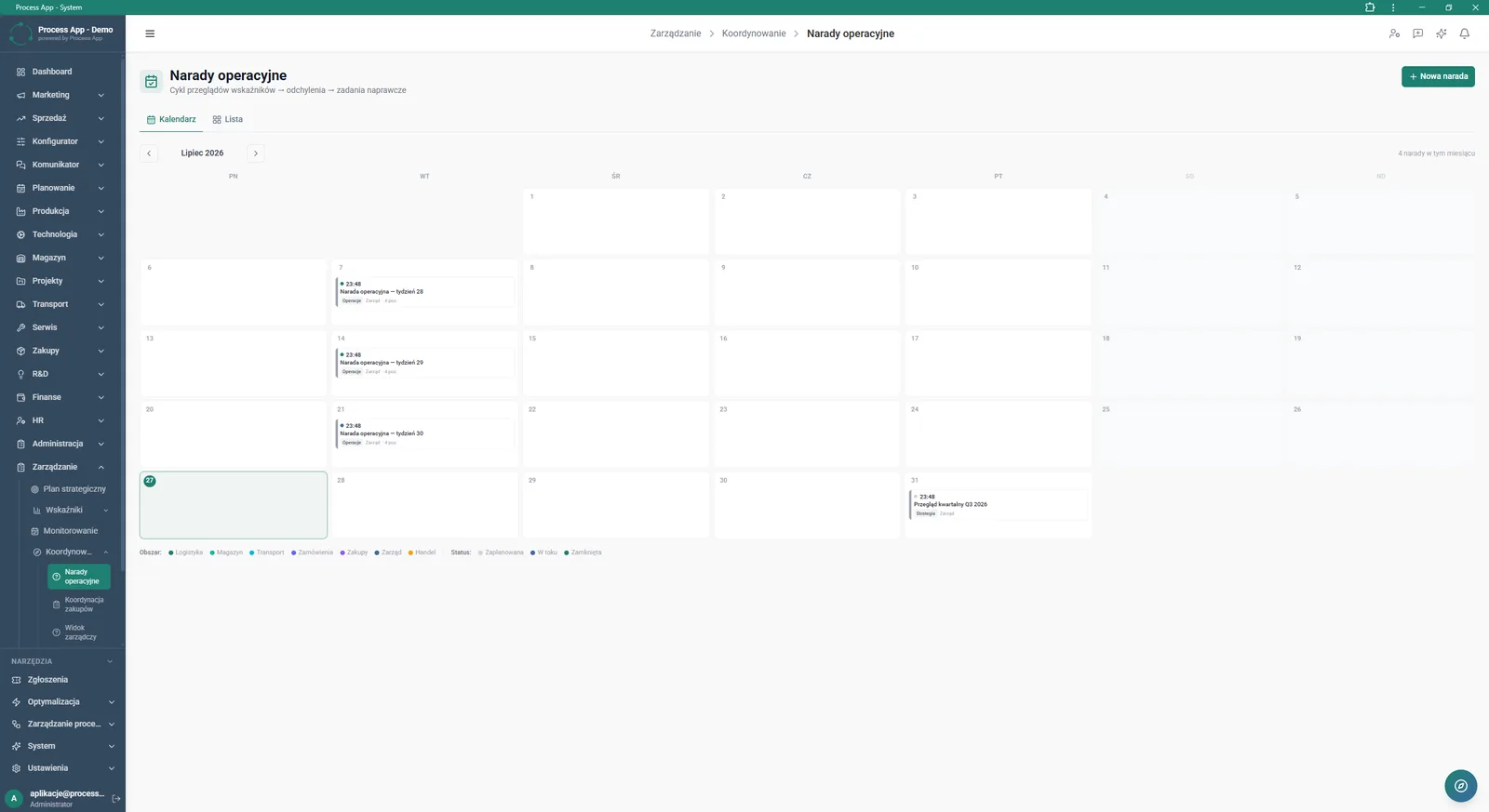 The Operational meetings screen displays a calendar view with scheduled meetings, tabs to switch to a list view, and a legend of areas and statuses.